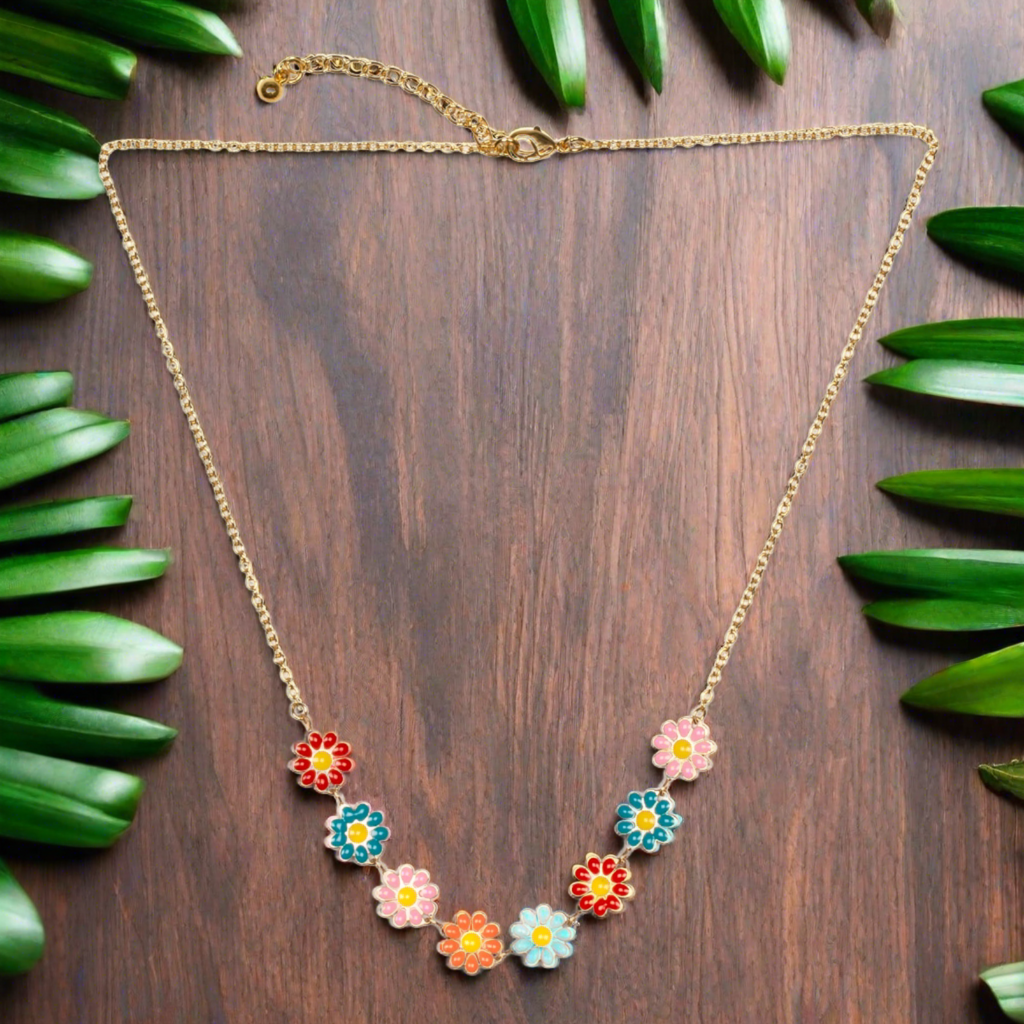 Multi-colour Enamel Flower Necklace On Chain - Shopthatapp.ca