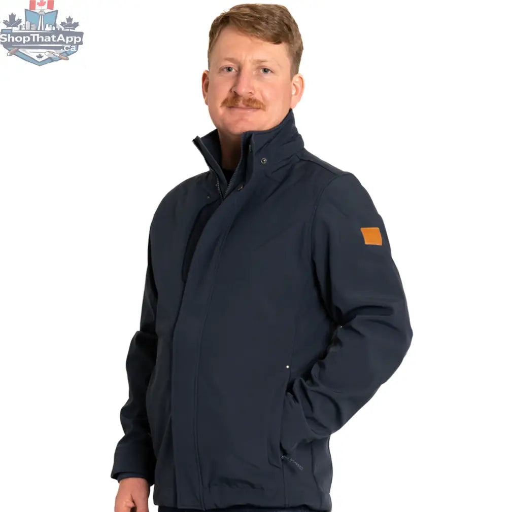 Northern Sun navy softshell jacket with a sleek design, showcasing its comfortable, versatile outerwear style.