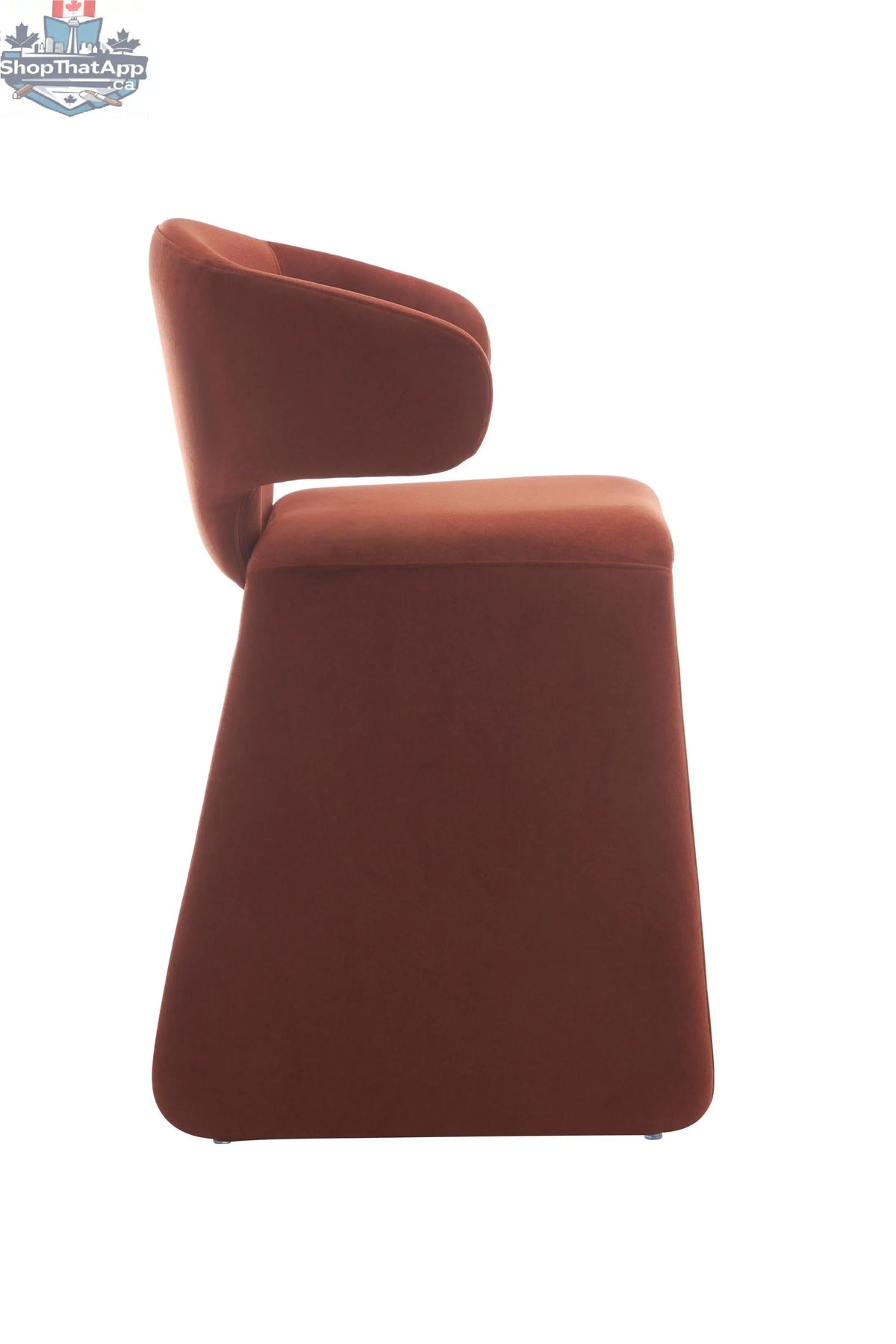 Hygge Design House Tessa Modern Counter Chair, fully upholstered in soft fabric with a sleek contemporary design and wooden legs.