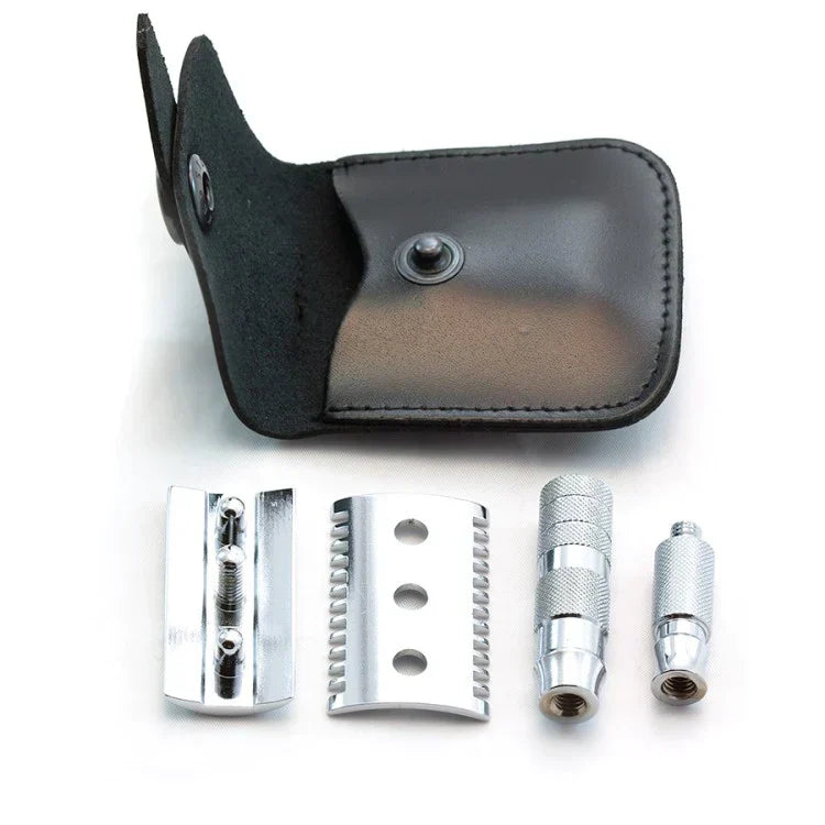 Merkur Travel Safety Razor - 3-Piece Open Comb Chrome Razor with Leather Case