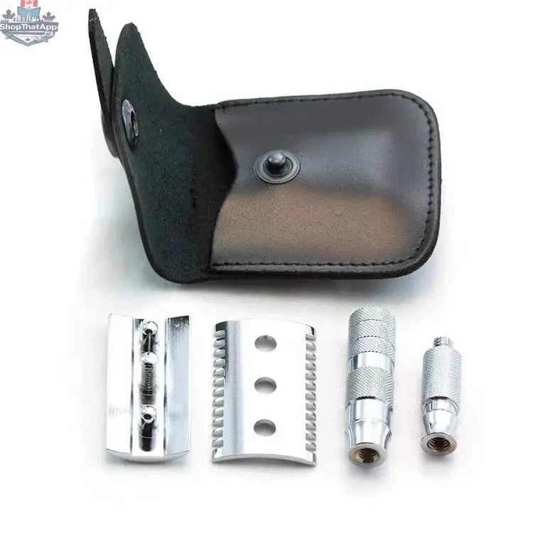 Merkur Travel Safety Razor - 3-Piece Open Comb Chrome Razor with Leather Case - Shopthatapp.ca