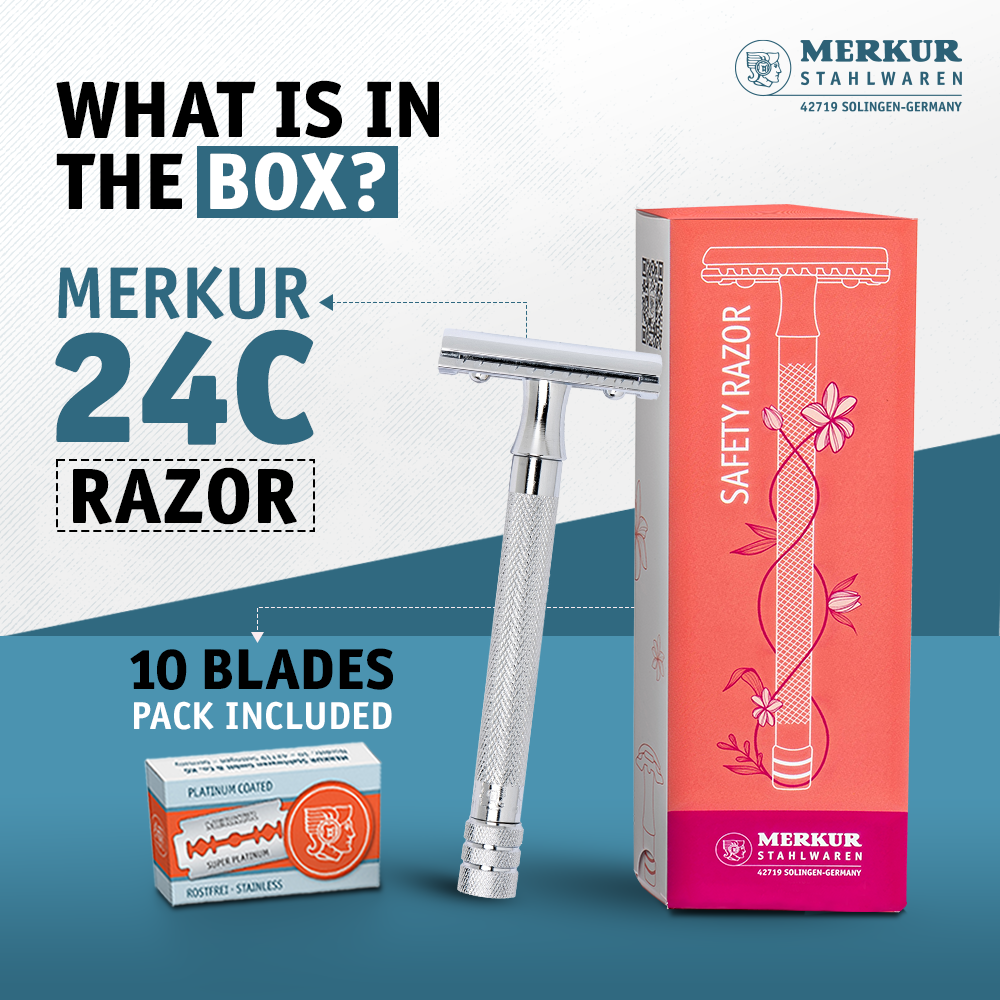 Merkur Ladies Safety Razor 3-Piece Set with Closed Comb, Knurled Extra Long Handle, Chrome Finish in Pink Box
