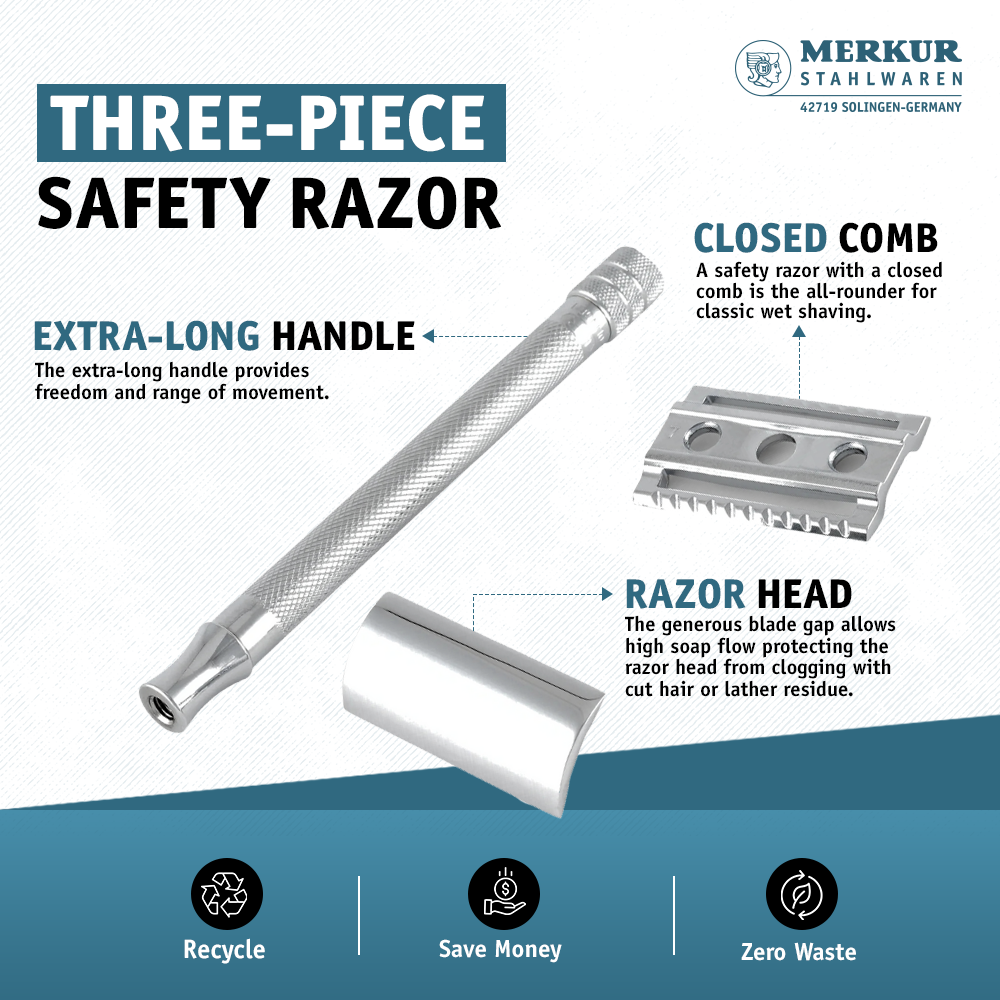 Merkur Ladies Safety Razor 3-Piece Set with Closed Comb, Knurled Extra Long Handle, Chrome Finish in Pink Box