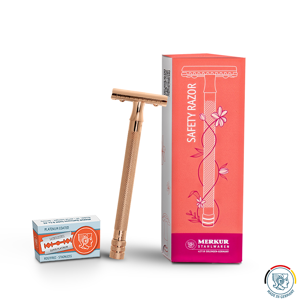Merkur 3-Piece Ladies Safety Razor Rose Gold with Knurled Extra Long Handle in Pink Box