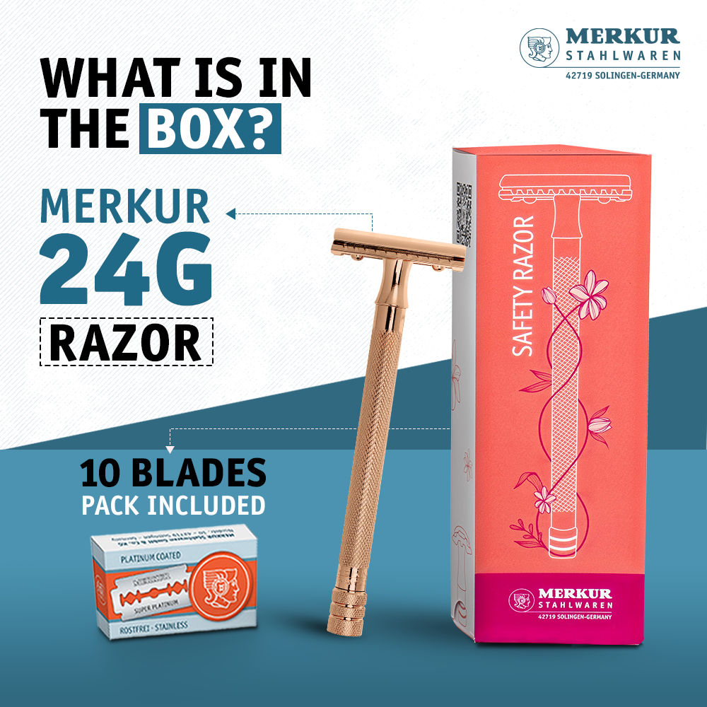 Merkur 3-Piece Ladies Safety Razor Rose Gold with Knurled Extra Long Handle in Pink Box