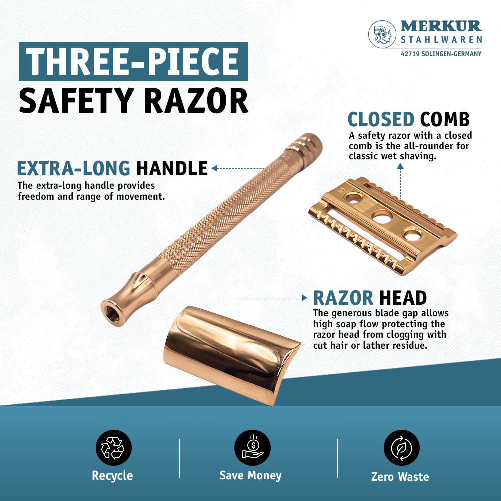 Merkur 3-Piece Ladies Safety Razor Rose Gold with Knurled Extra Long Handle in Pink Box