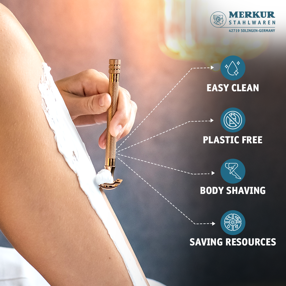 Merkur 3-Piece Ladies Safety Razor Rose Gold with Knurled Extra Long Handle in Pink Box