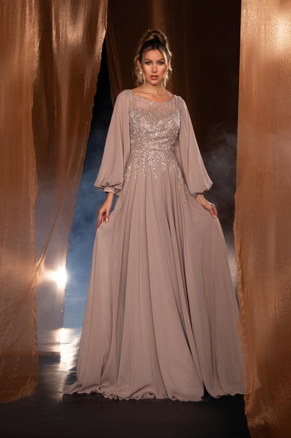 Long balloon sleeves beaded gown - Www.Shopthatapp.ca