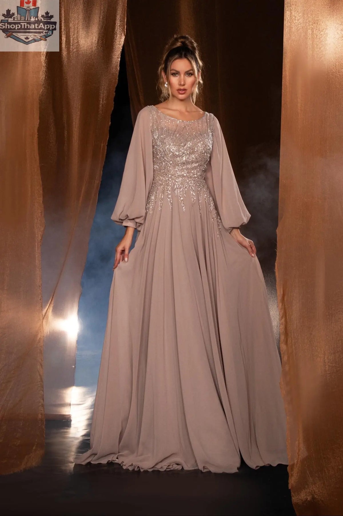Elegant Threads long evening gown with balloon sleeves and beaded detailing, stylish formal dress for special occasions.