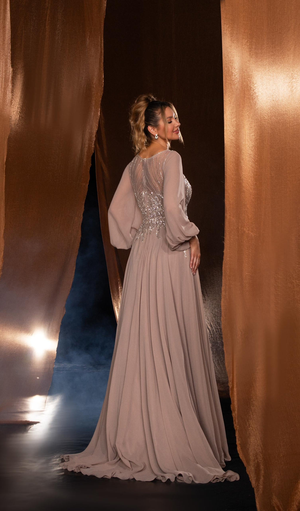 Long balloon sleeves beaded gown - Www.Shopthatapp.ca