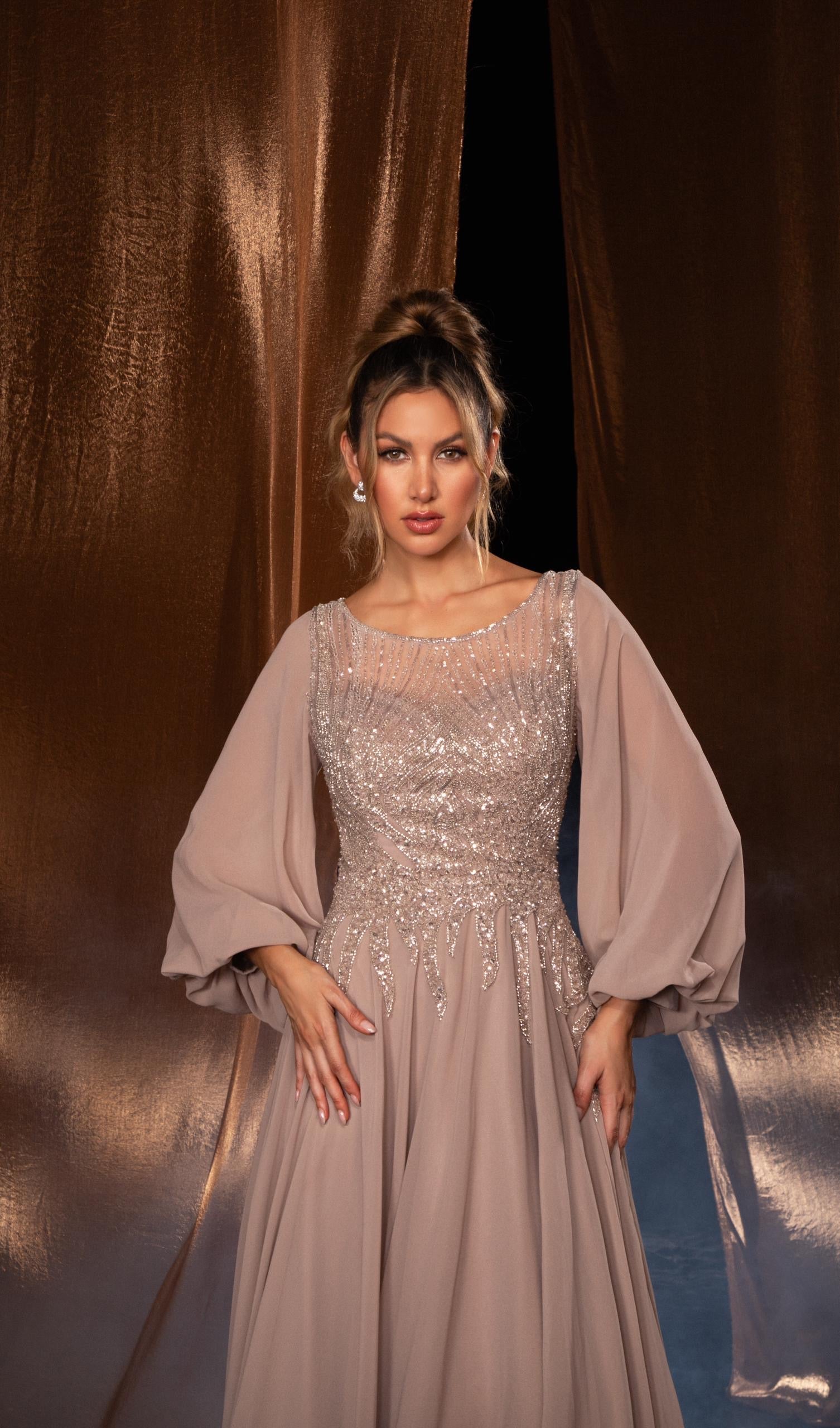 Long balloon sleeves beaded gown - Www.Shopthatapp.ca