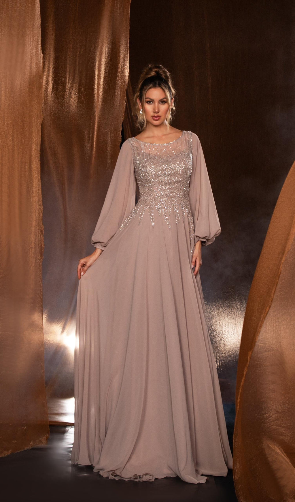 Long balloon sleeves beaded gown - Www.Shopthatapp.ca