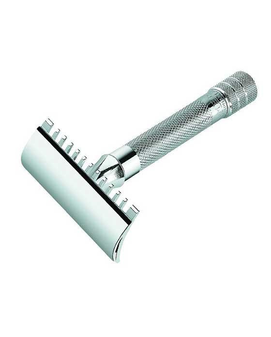Merkur 15C Safety Razor - 3-Piece DE Razor with Open Tooth Comb and Knurled Chrome Handle