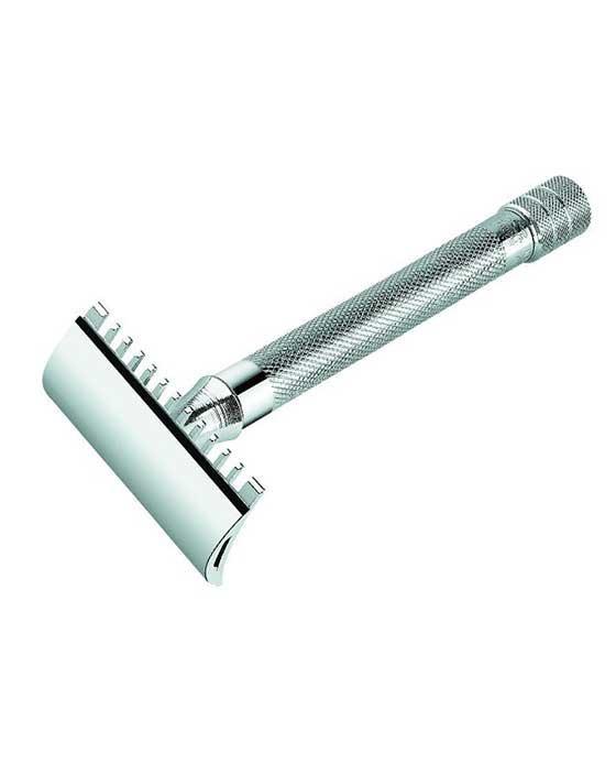 Merkur 25C Safety Razor - 3-Piece DE Open Tooth Comb with Knurled Extra Long Handle in Chrome