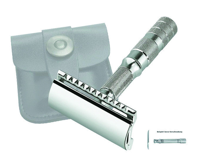 Merkur Safety Razor 3-Piece Travel DE Razor with Leather Case - Chrome Finish, Travel Size