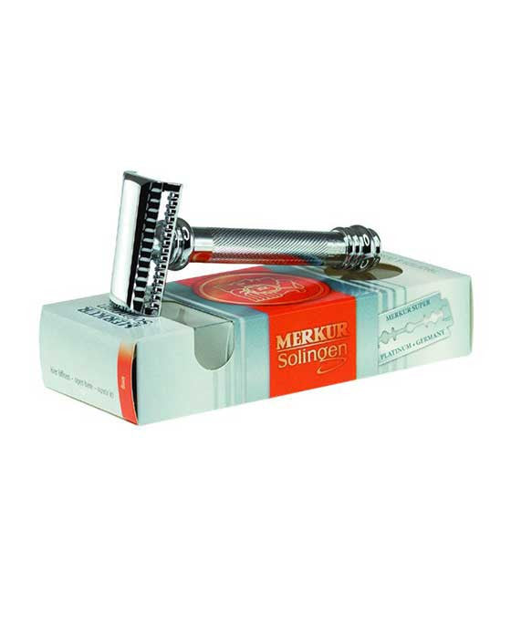 Merkur 37C Slantbar Safety Razor with Knurled Extra Thick Handle, Chrome Finish