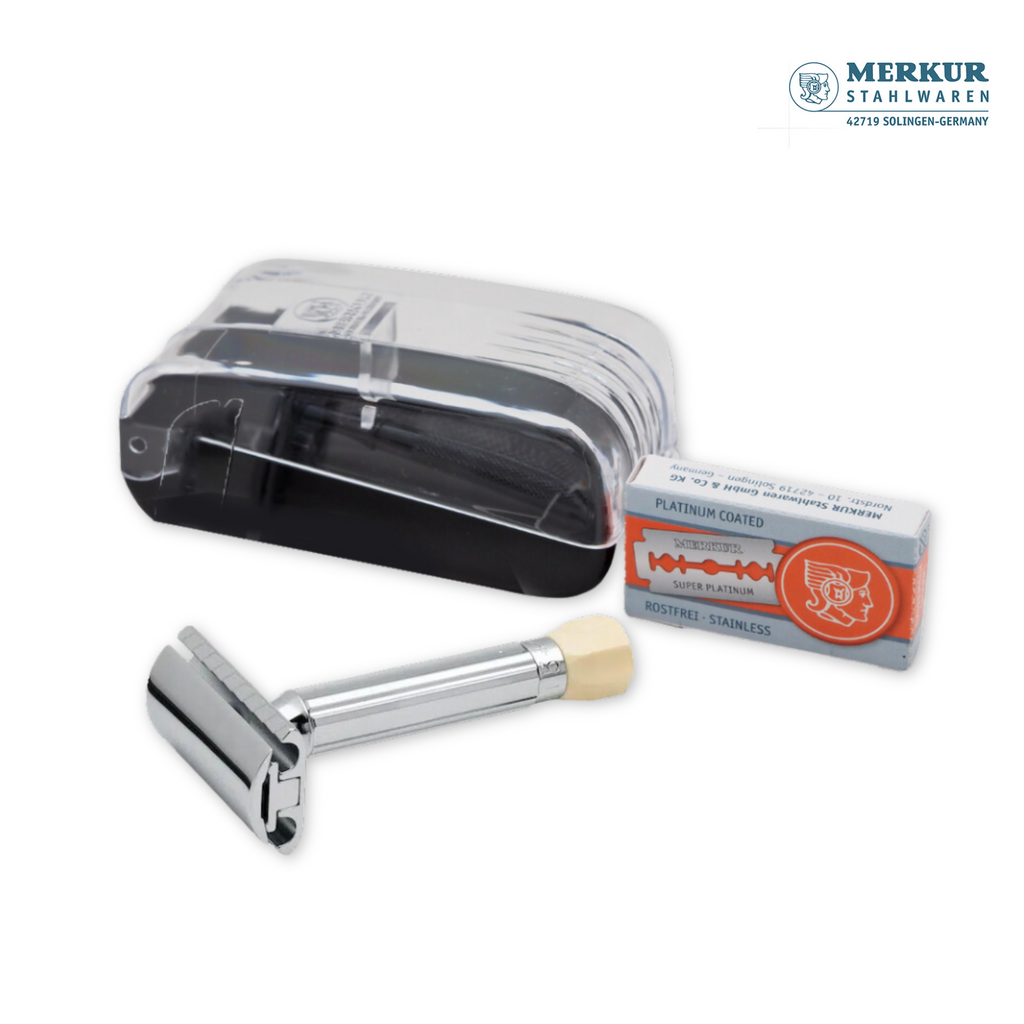 Merkur Adjustable Shaving Set - 3-Piece Kit with Progress Razor, Hard Case, and 10 Blades in Chrome