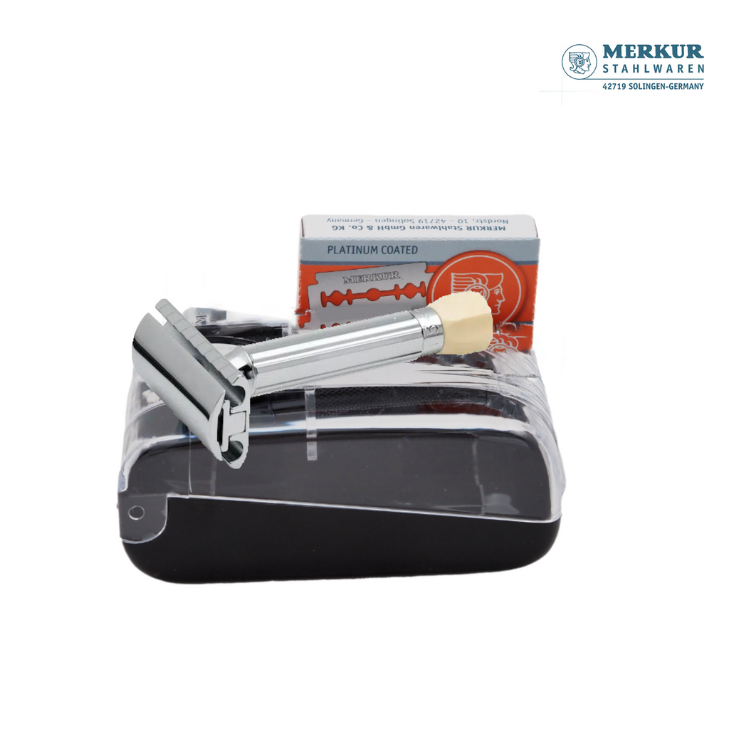 Merkur Adjustable Shaving Set - 3-Piece Kit with Progress Razor, Hard Case, and 10 Blades in Chrome