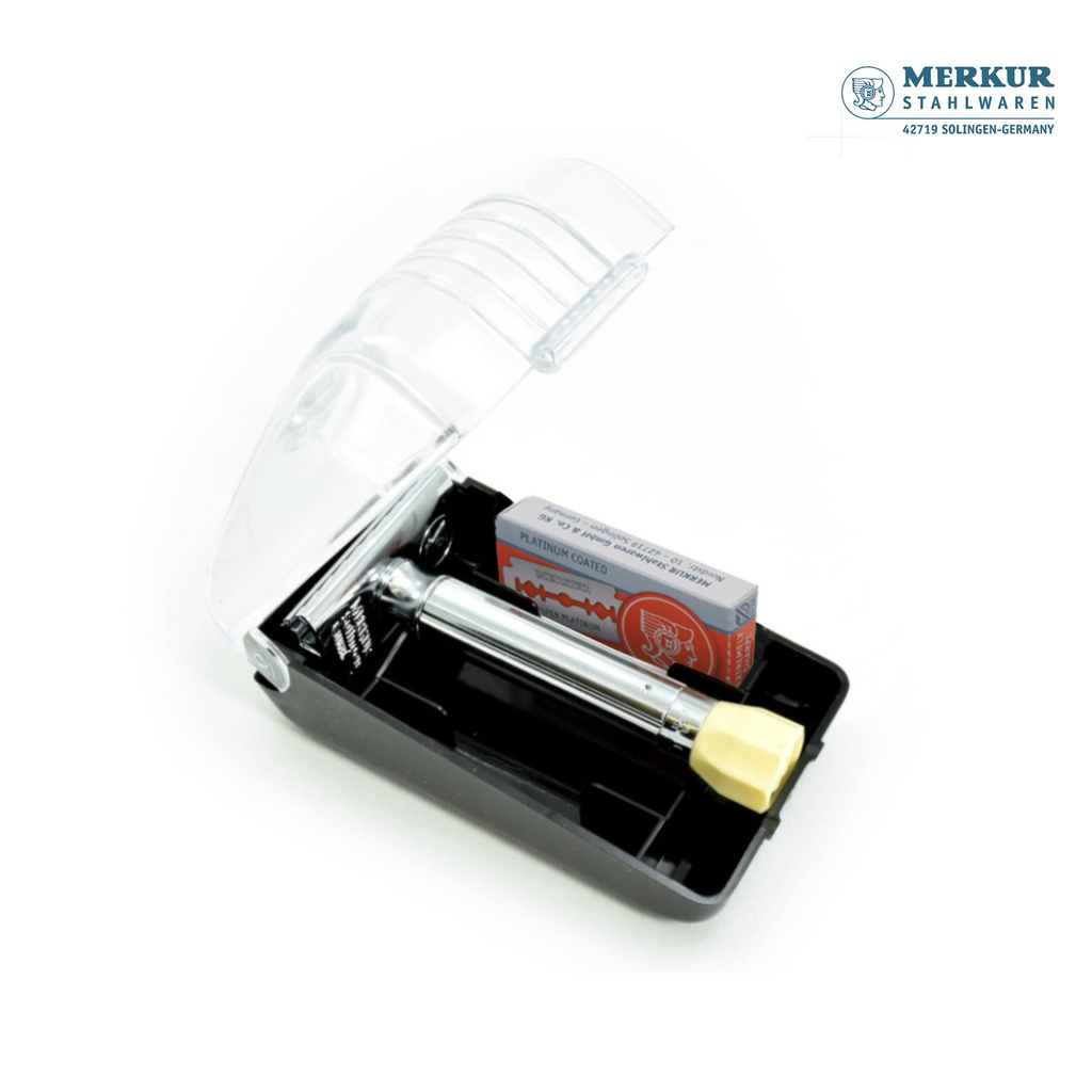 Merkur Adjustable Shaving Set - 3-Piece Kit with Progress Razor, Hard Case, and 10 Blades in Chrome