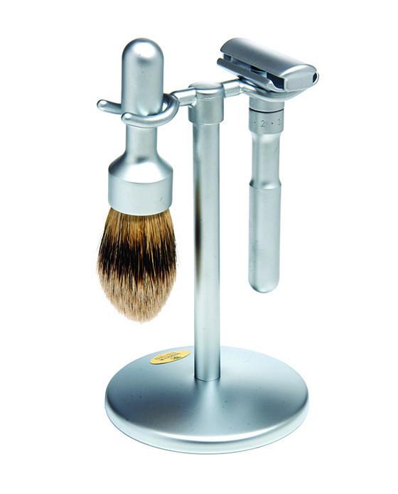 Merkur Shaving Set: 3-Piece Futur Adjustable Razor, Silver Tip Badger Brush & Matte Stand