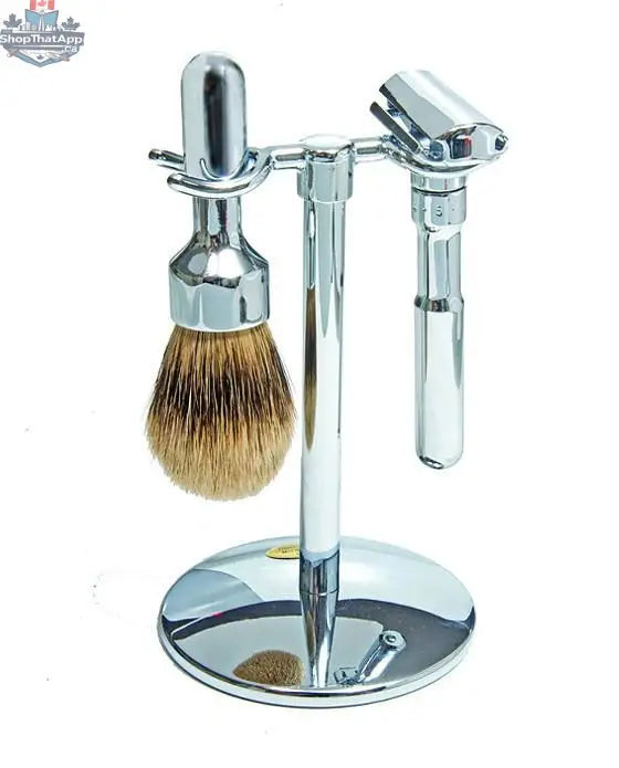 Merkur Shaving Set with Futur DE Safety Razor, Silver Tip Badger Shave Brush and  3-piece Stand, Chrome - Shopthatapp.ca