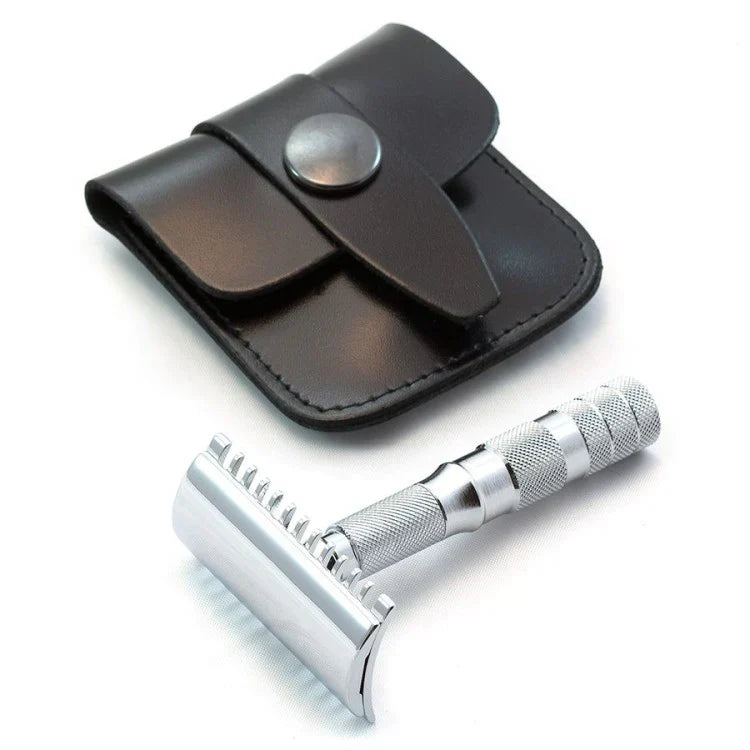 Merkur Travel Safety Razor - 3-Piece Open Comb Chrome Razor with Leather Case