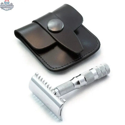 Merkur Travel Safety Razor - 3-Piece Open Comb Chrome Razor with Leather Case - Shopthatapp.ca