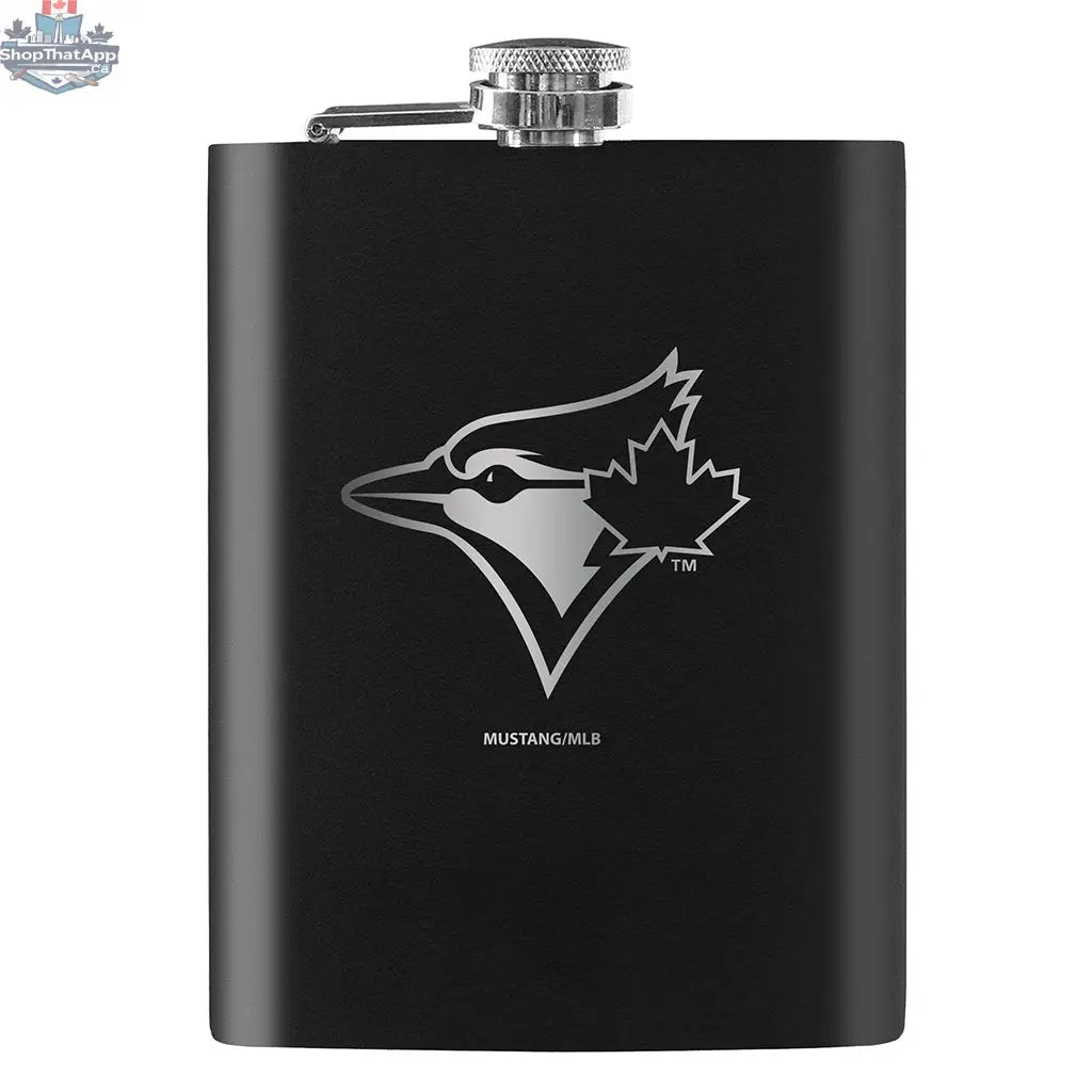 Black laser-etched 8oz Toronto Blue Jays flask, sports-themed drinkware with team logo and detailed design.