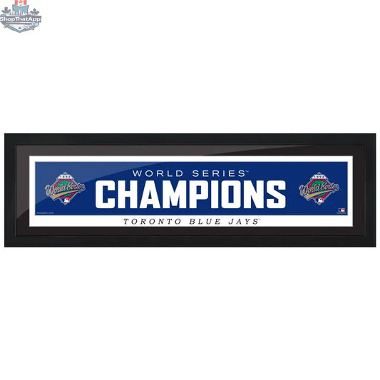 Toronto Blue Jays framed wall decor featuring the 1992 World Series logo, 6x22 inch MLB sports memorabilia.
