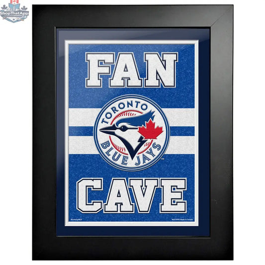 Framed Toronto Blue Jays wall decor, 12x16 MLB fan cave artwork with team logo and vibrant baseball design.