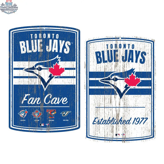 Two Toronto Blue Jays wall signs, 16x23 inches, faux wood decor with MLB team logo and established date, ideal for sports room decor.