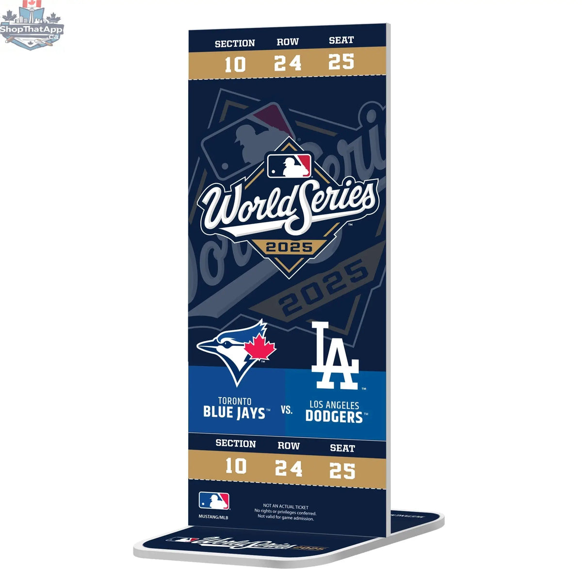 MLB World Series 2025 replica ticket featuring Toronto Blue Jays vs LA Dodgers, with team logos and event details.