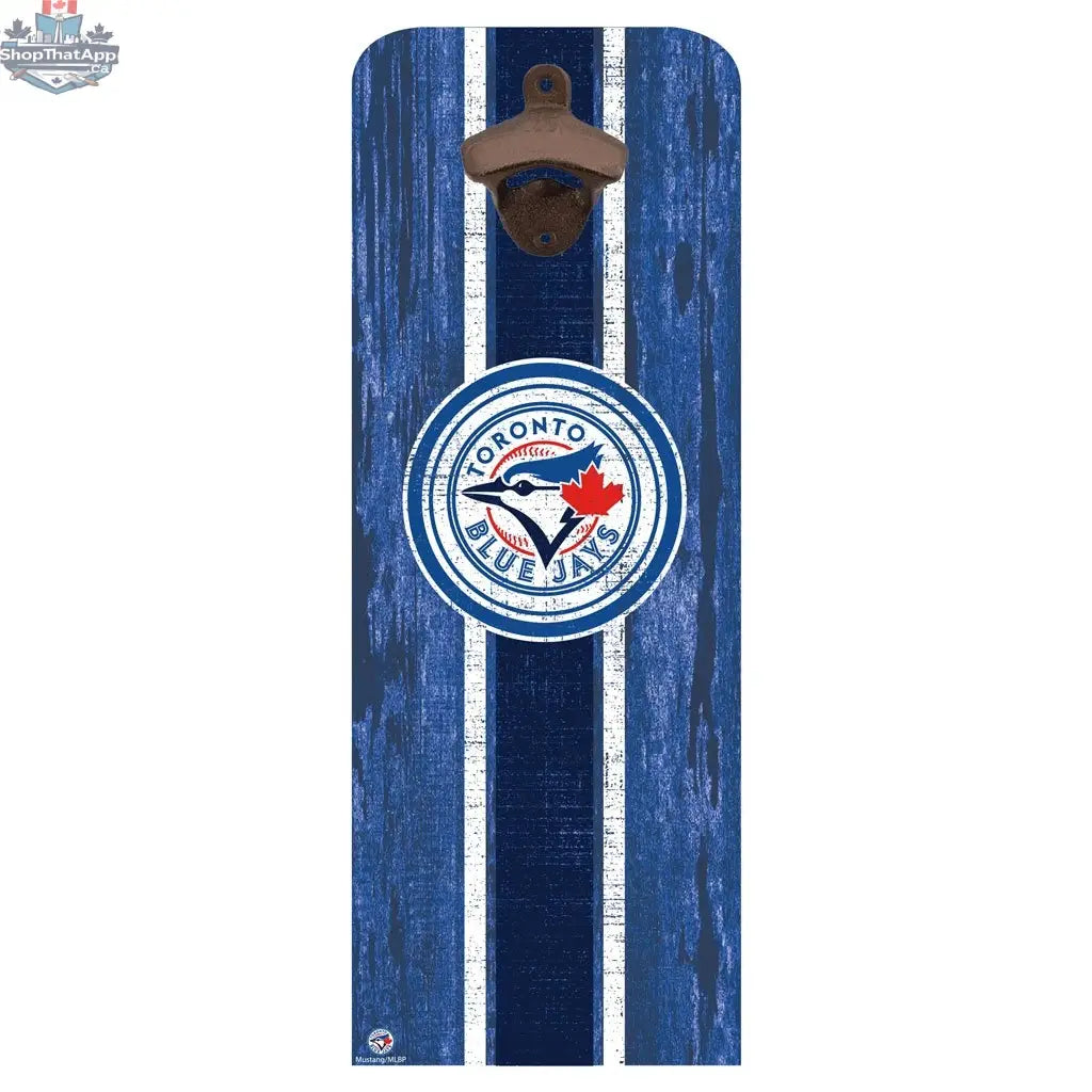 Wall-mounted Toronto Blue Jays bottle opener from Sports Decor, designed for MLB fans, mounted on a wooden surface.
