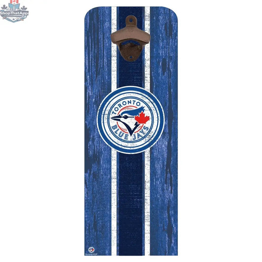 Wall-mounted Toronto Blue Jays bottle opener from Sports Decor, designed for MLB fans, mounted on a wooden surface.