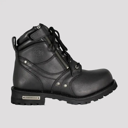 Milwaukee men's 6-inch motorcycle boots with side zip and laces, showcasing durable leather construction and protective design.