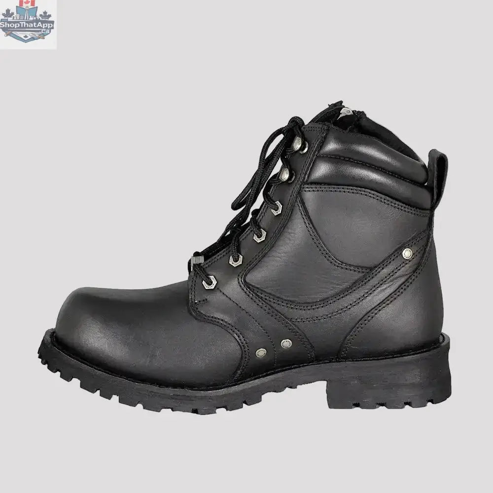 Milwaukee men's motorcycle boots with 6-inch side zip and lace-up design, offering comfort and protection for bikers.