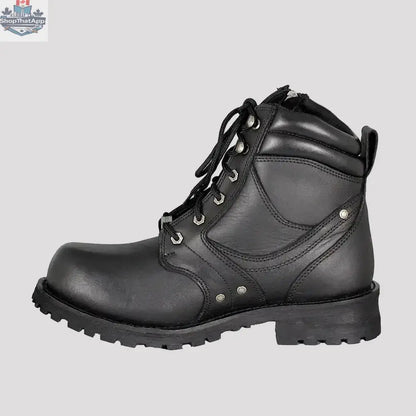 Milwaukee men's motorcycle boots with 6-inch side zip and lace-up design, offering comfort and protection for bikers.