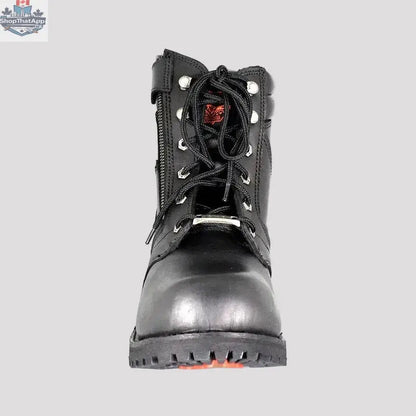 Milwaukee men's motorcycle boots with 6-inch side zip and laces, offering comfort and protection for riding.