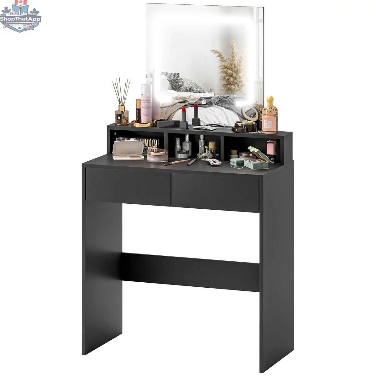Black Zee Makeup Vanity Desk with LED lights from SLOTH Nation, featuring a sleek bedroom furniture design with illuminated mirror.