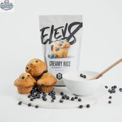 Cream of Rice blueberry muffin flavor by Elev8, showing a close-up of the prepared dish with fresh blueberries and creamy texture.