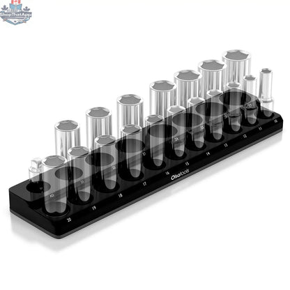 Black 2-row magnetic socket holders for 1/2 drive click torque wrenches, designed by Olsa Tools Canada for organized tool storage.