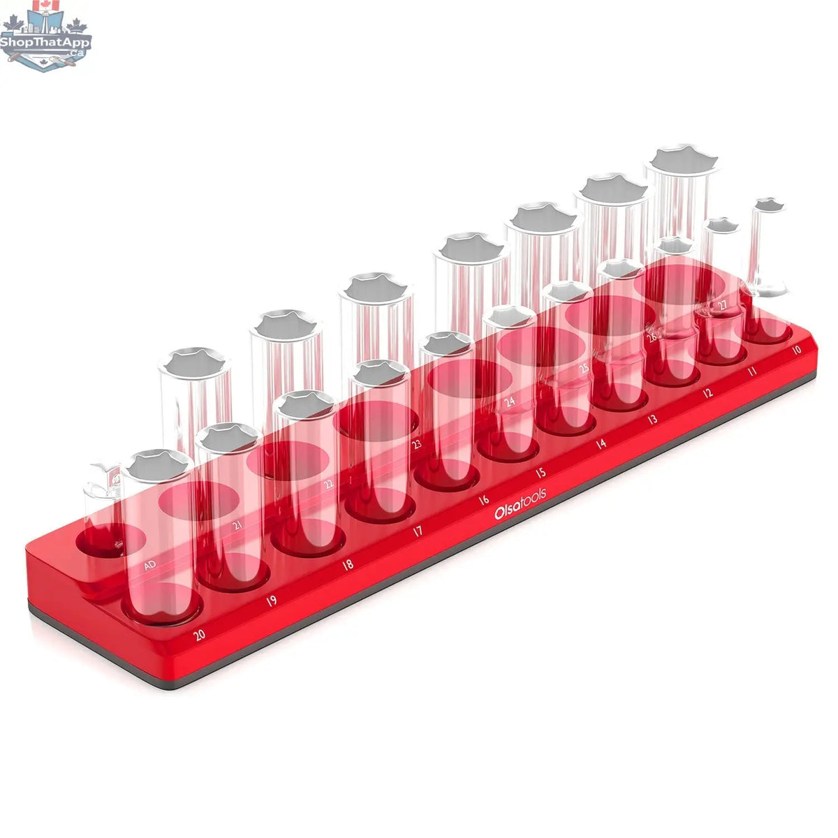 Olsa Tools Canada 2-Row Magnetic Socket Holders for 1/2 Drive Click Torque Wrench, organized with magnetic slots for sockets