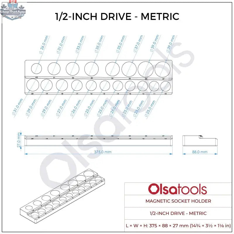 Olsa Tools Canada 2-row magnetic socket holders for 1/2 drive click torque wrenches, organized with secure magnetic grip.