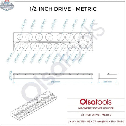 Olsa Tools Canada 2-row magnetic socket holders for 1/2 drive click torque wrenches, organized with secure magnetic grip.