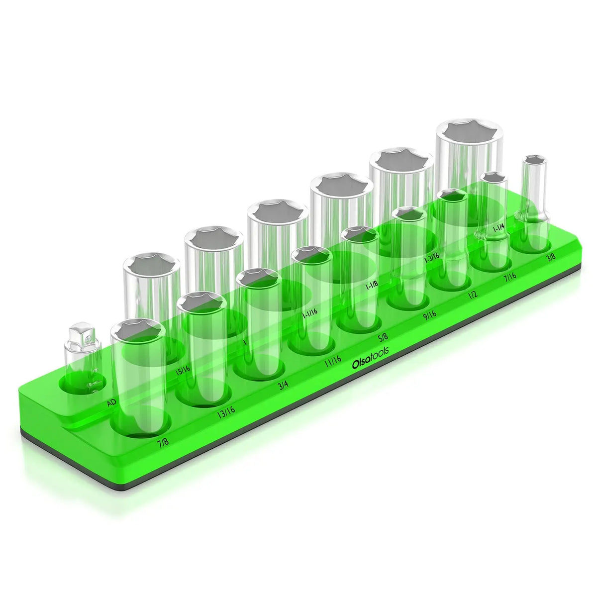 Olsa Tools Canada 2-Row Magnetic Socket Holders for 1/2 Drive Click Torque Wrench, organized socket storage with magnetic grip.