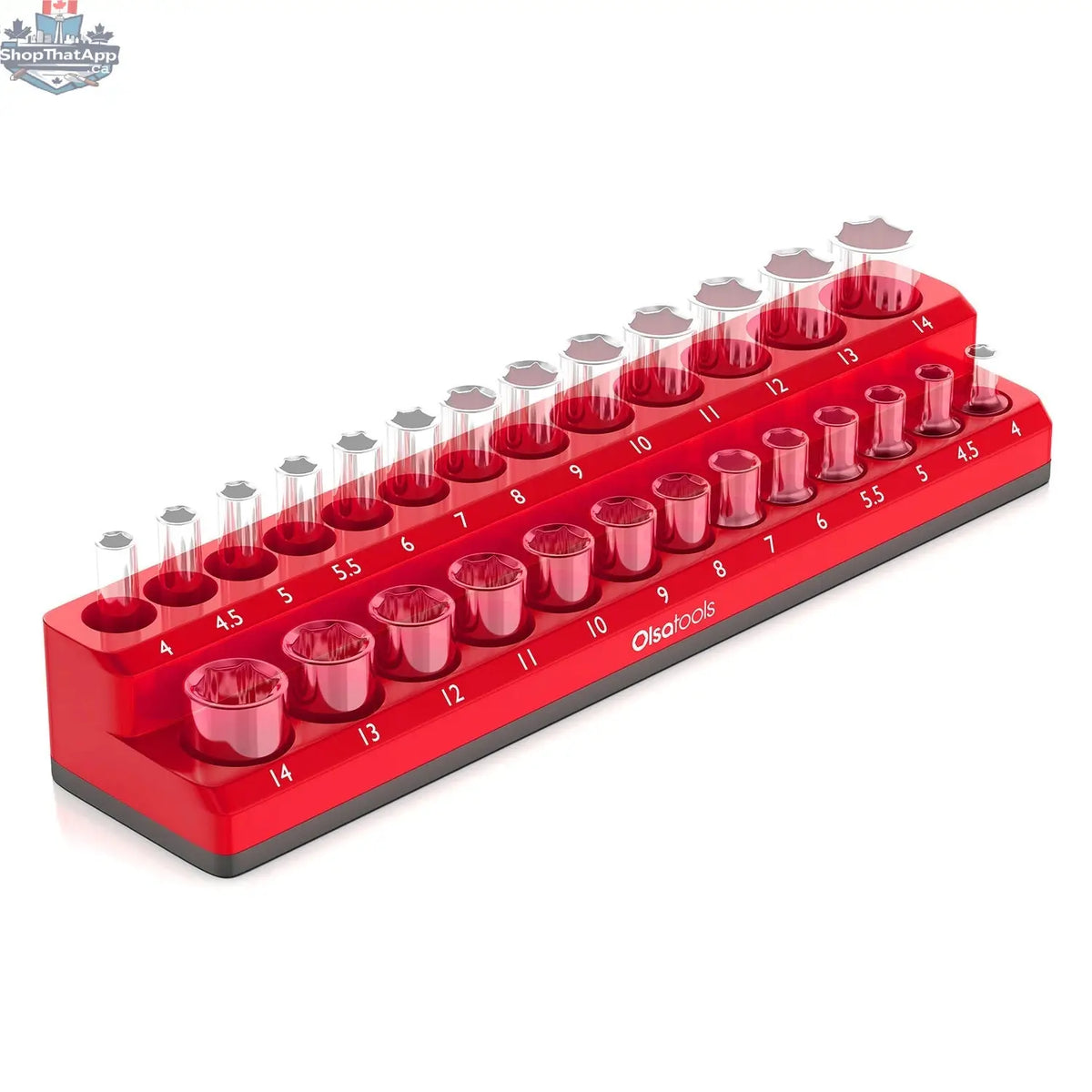 Olsa Tools Canada 2-row magnetic socket holders for 1/2 drive click torque wrench, organized socket storage with strong magnets.