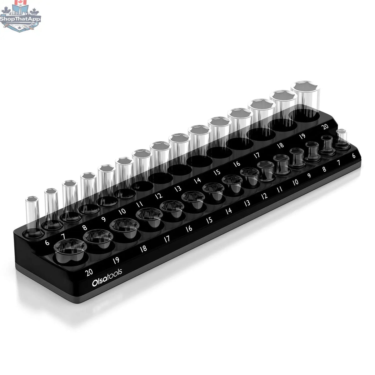 Black 2-row magnetic socket holder for 1/2 drive click torque wrench by Olsa Tools Canada, designed to organize sockets efficiently.