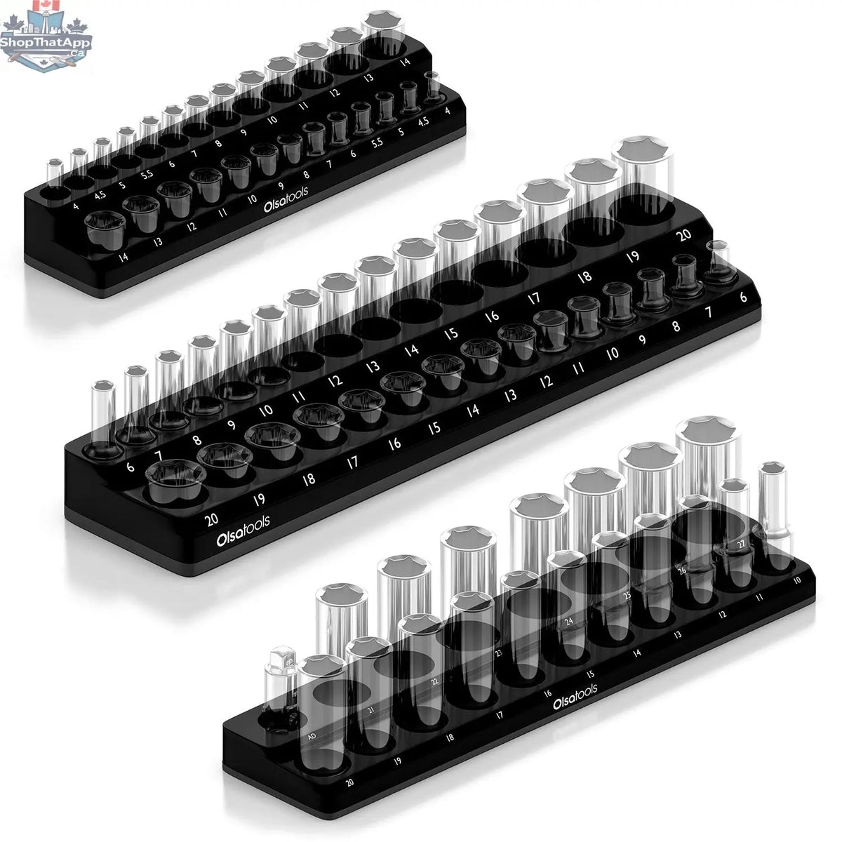 Black 2-row magnetic socket holders for 1/2 drive click torque wrenches, organized by Olsa Tools Canada.