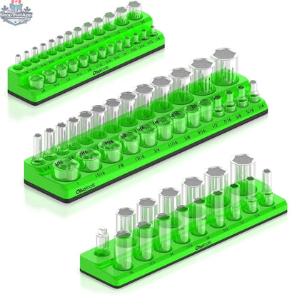 Olsa Tools Canada 2-row magnetic socket holders for 1/2 drive click torque wrenches, organized socket storage and organization.