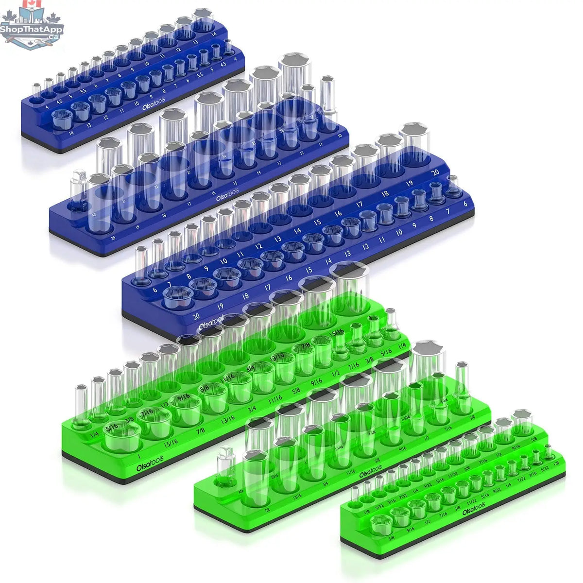 Olsa Tools Canada 2-Row Magnetic Socket Holders for 1/2 drive torque wrench, organized with black and green socket clips.